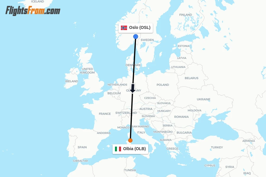 Flights from Oslo to Olbia route map