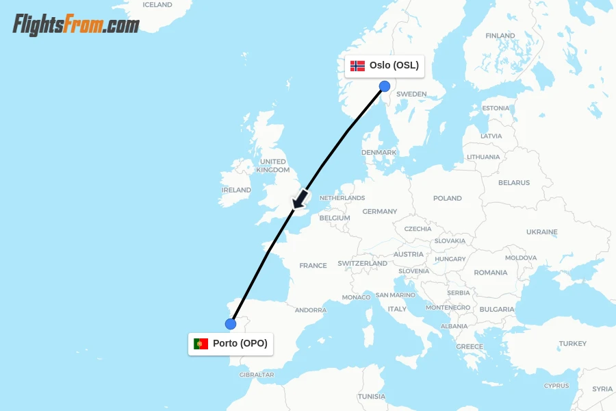 Flights from Oslo to Porto route map