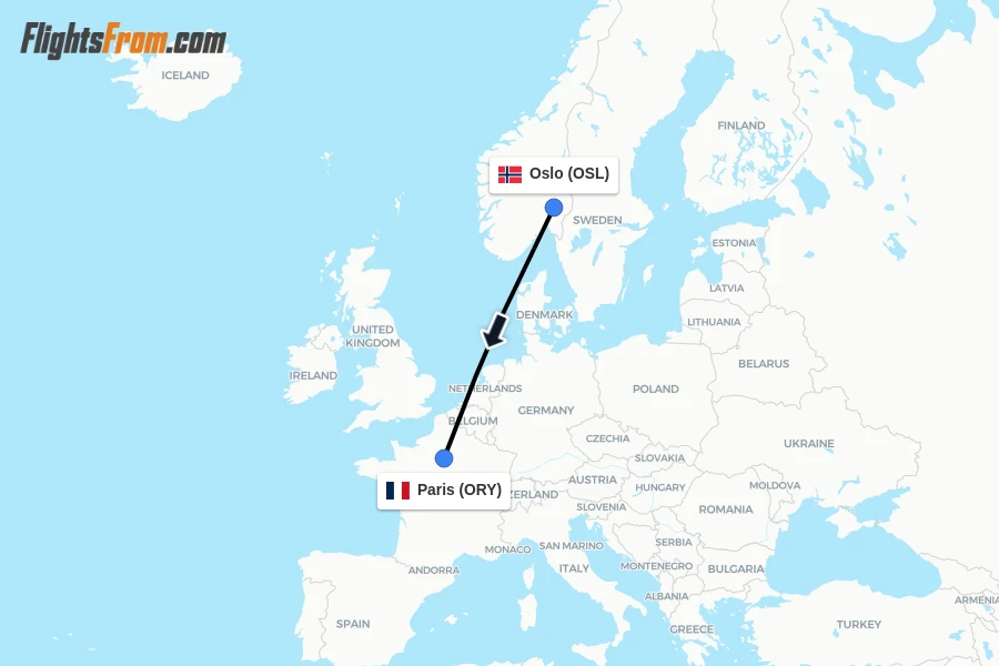 Flights from Oslo to Paris route map