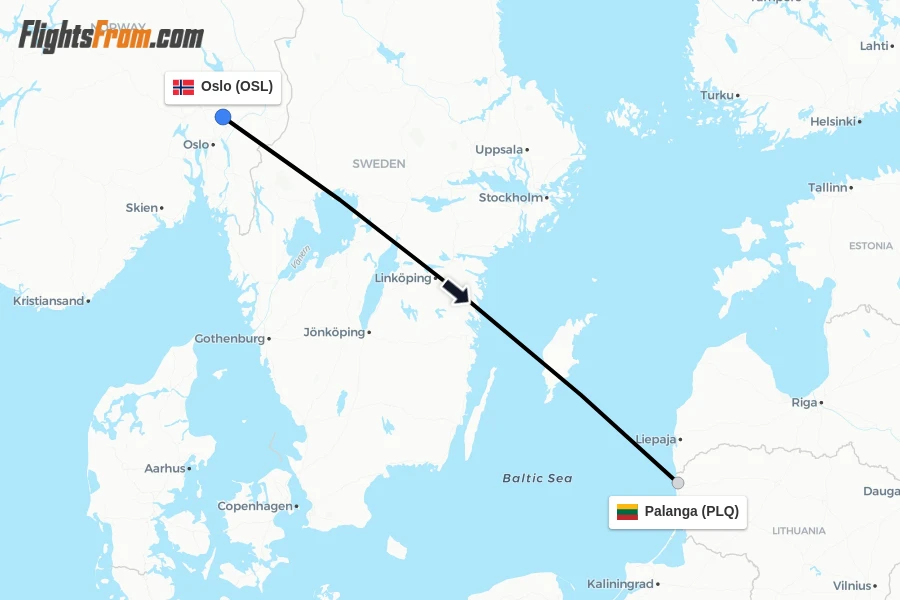 Flights from Oslo to Palanga route map