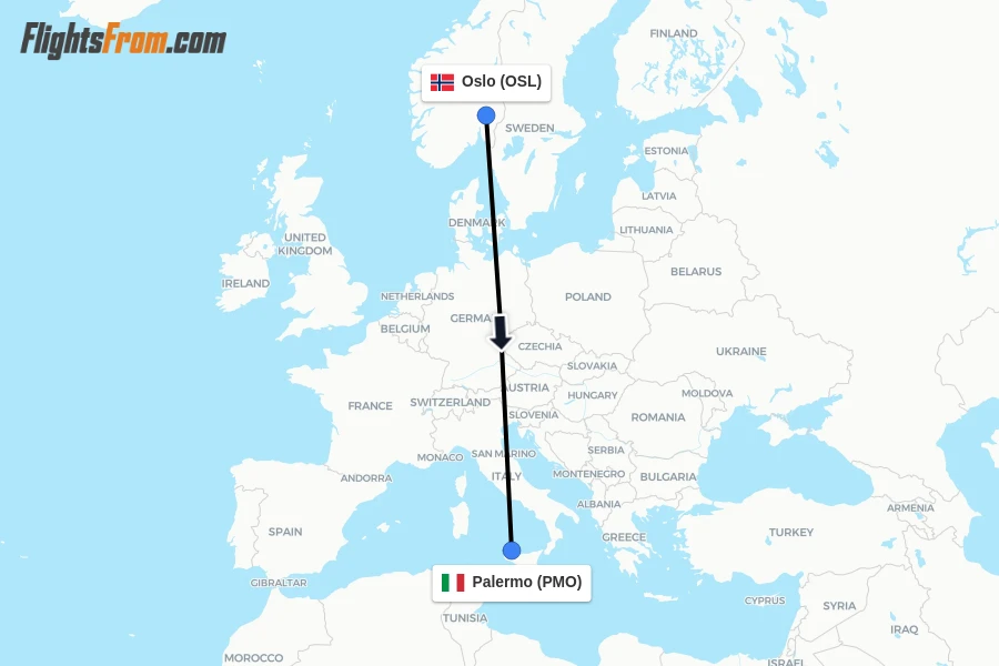 Flights from Oslo to Palermo route map