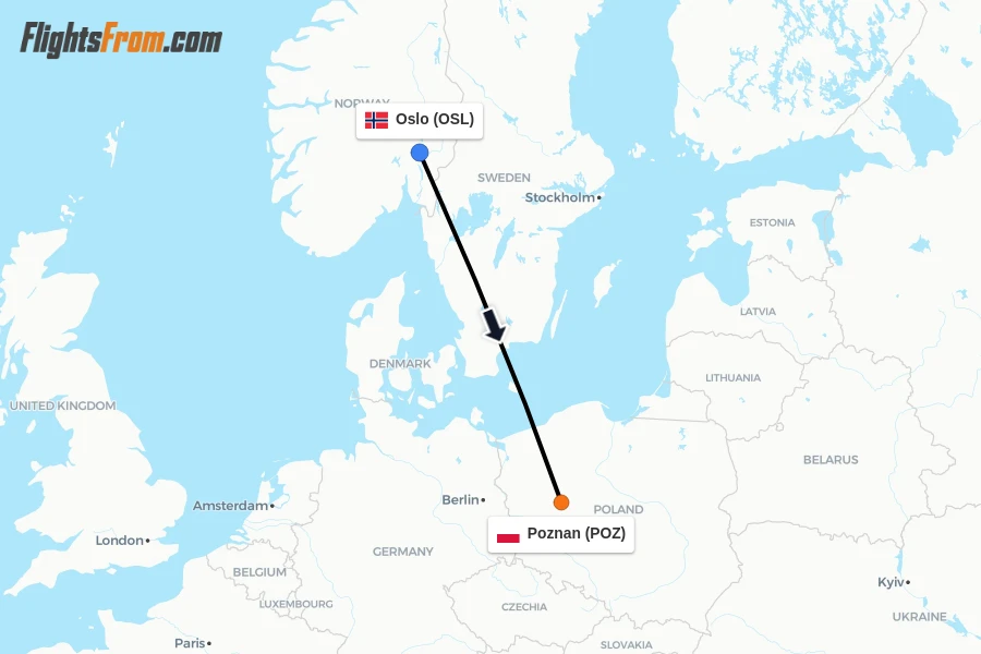 Flights from Oslo to Poznan route map