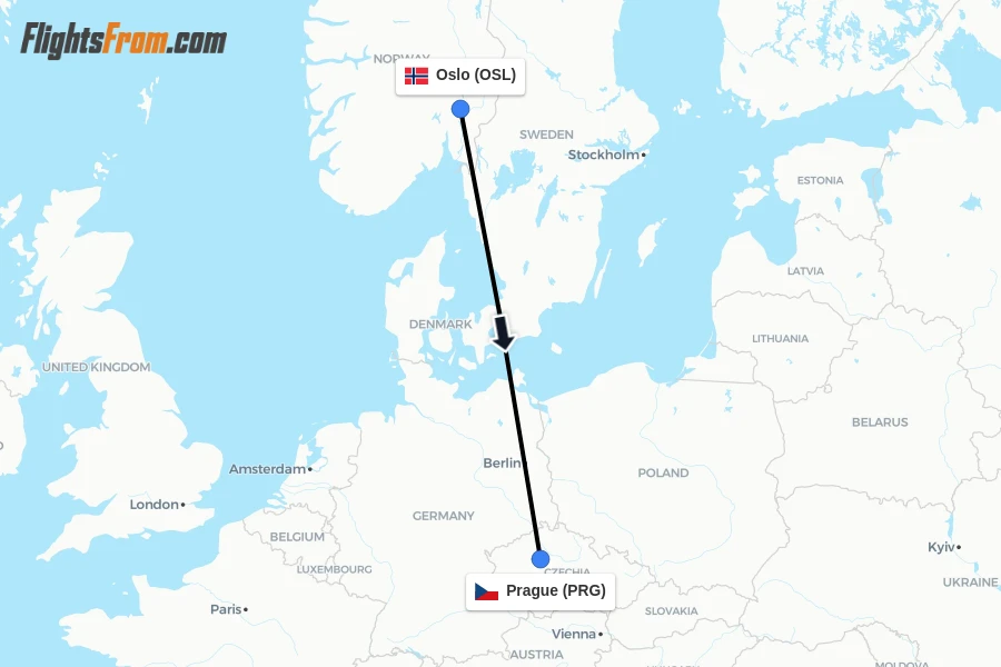 Flights from Oslo to Prague route map