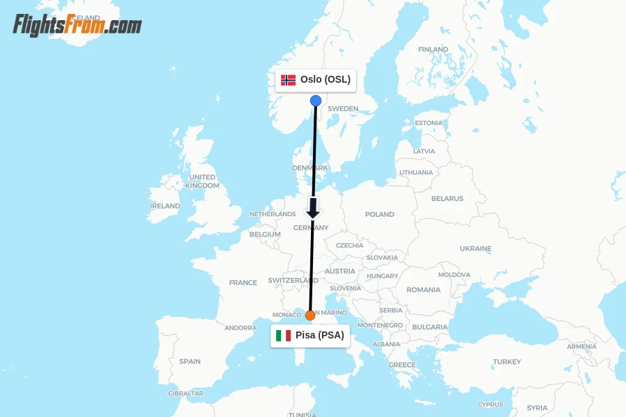 Flights from Oslo to Pisa route map
