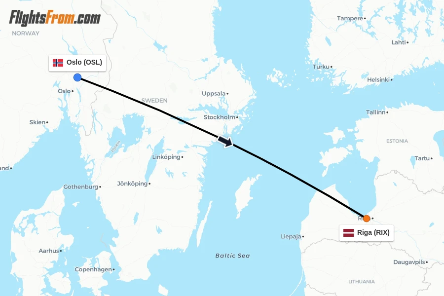 Flights from Oslo to Riga route map