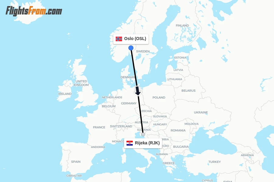 Flights from Oslo to Rijeka route map