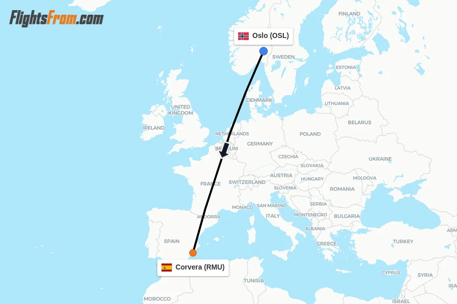 Flights from Oslo to Corvera route map