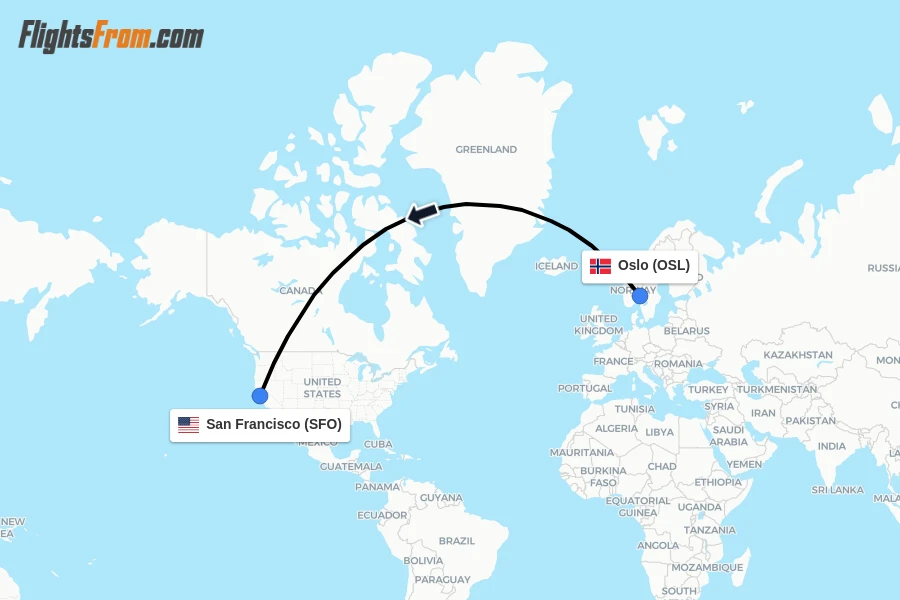 Flights from Oslo to San Francisco route map