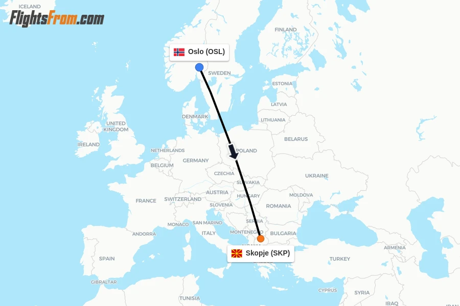 Flights from Oslo to Skopje route map