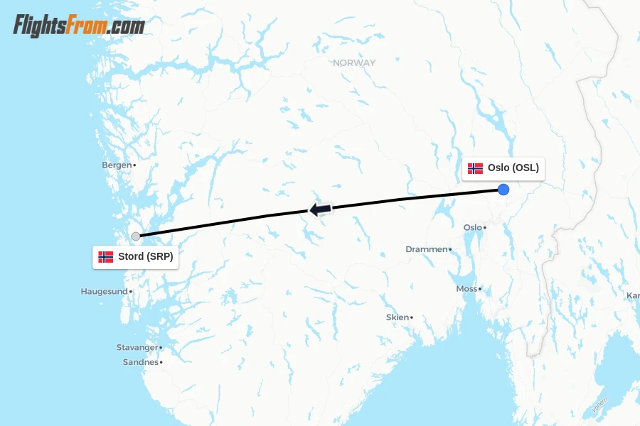 Flights from Oslo to Stord route map