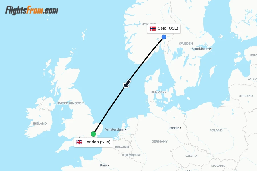 Flights from Oslo to London route map