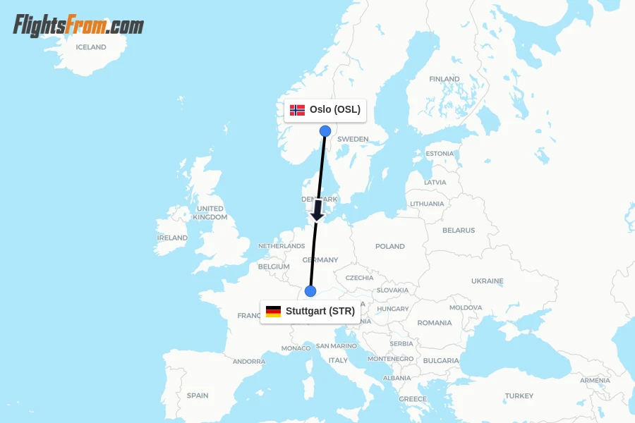 Flights from Oslo to Stuttgart route map