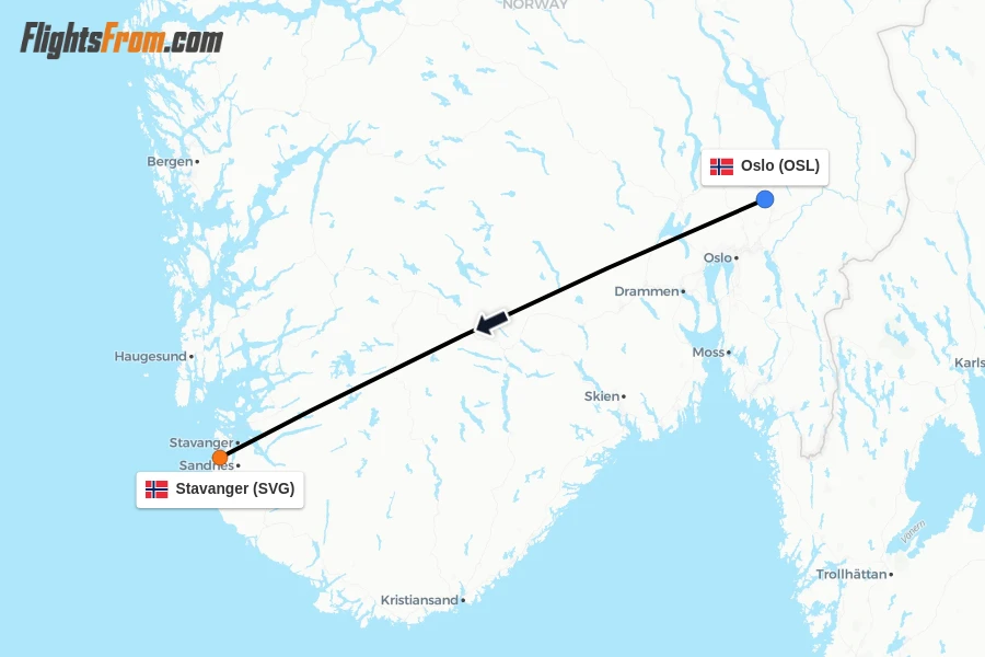 Flights from Oslo to Stavanger route map