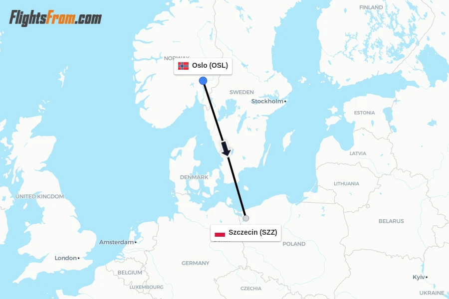 Flights from Oslo to Szczecin route map