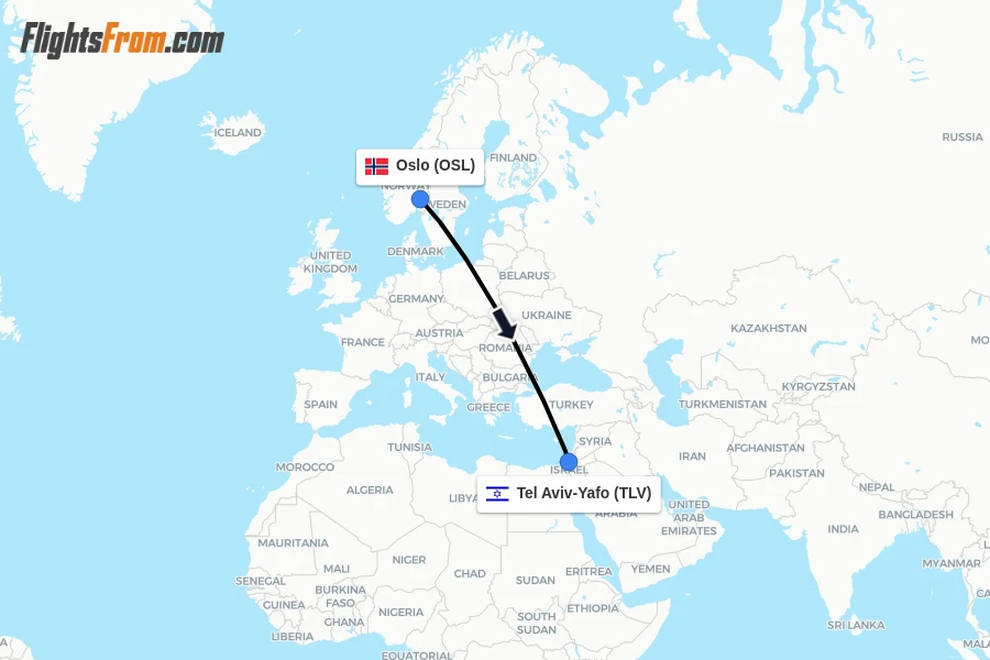 Flights from Oslo to Tel Aviv-Yafo route map