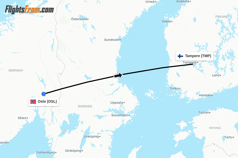 Flights from Oslo to Tampere route map