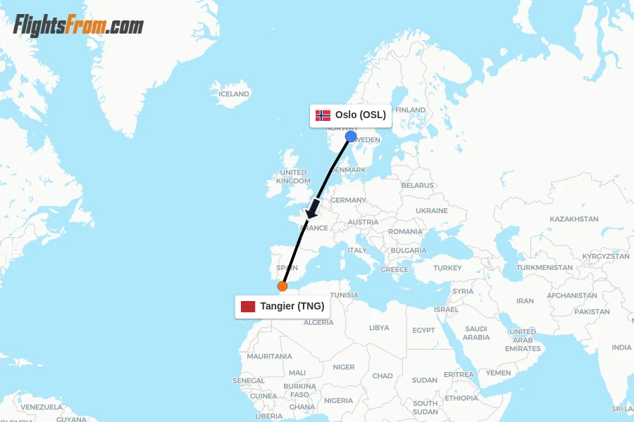 Flights from Oslo to Tangier route map