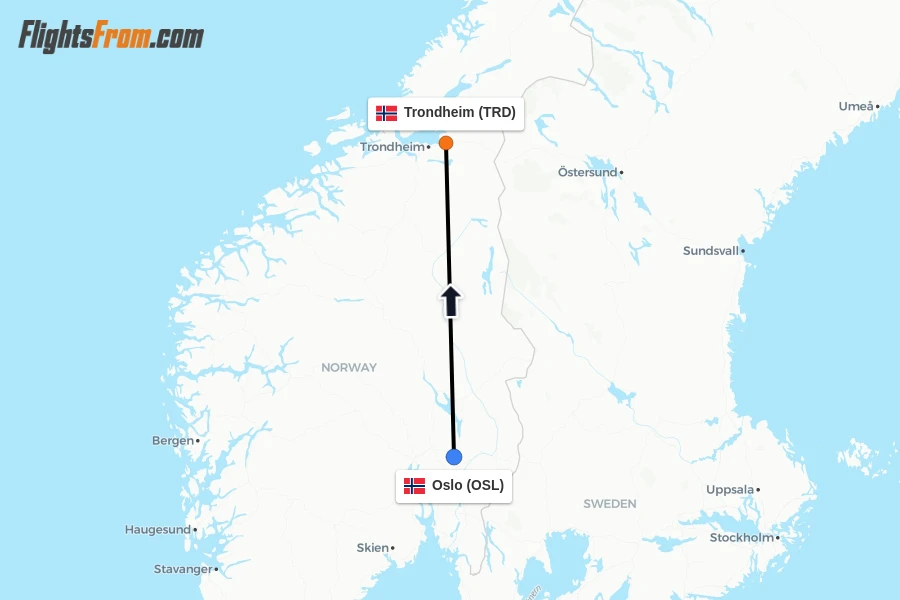 Flights from Oslo to Trondheim route map