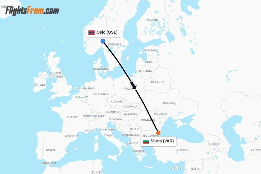 Flights from Oslo to Varna route map