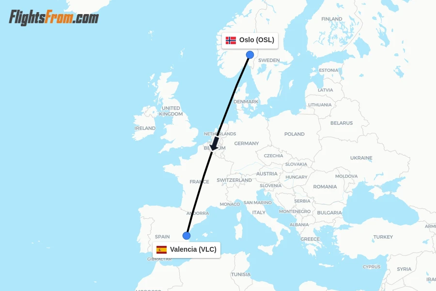 Flights from Oslo to Valencia route map
