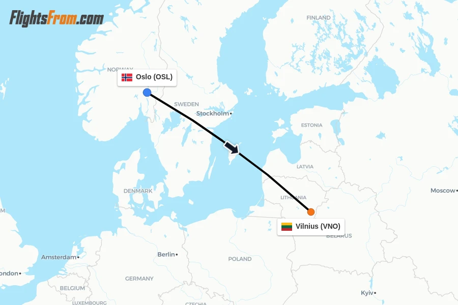Flights from Oslo to Vilnius route map