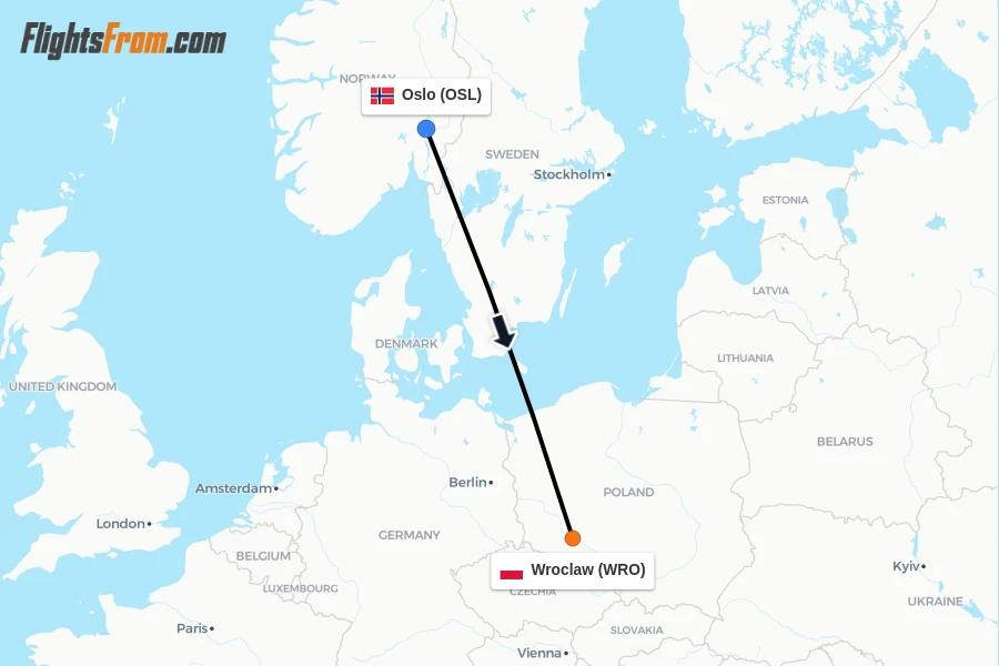 Flights from Oslo to Wroclaw route map