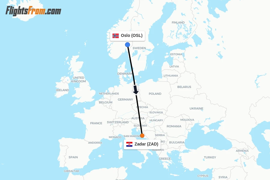 Flights from Oslo to Zadar route map