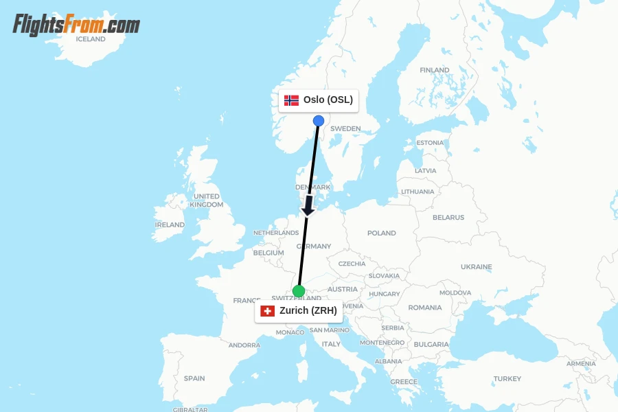 Flights from Oslo to Zurich route map