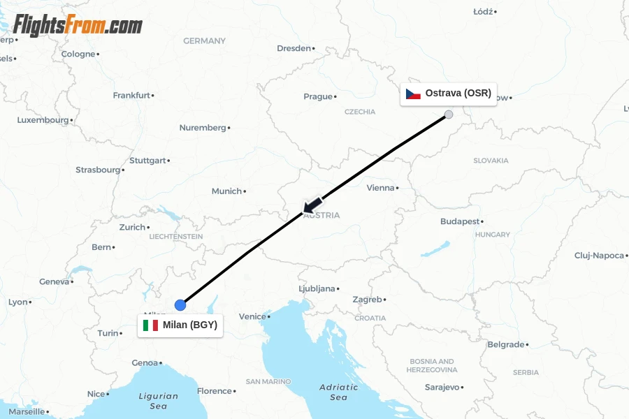 Flights from Ostrava to Milan route map