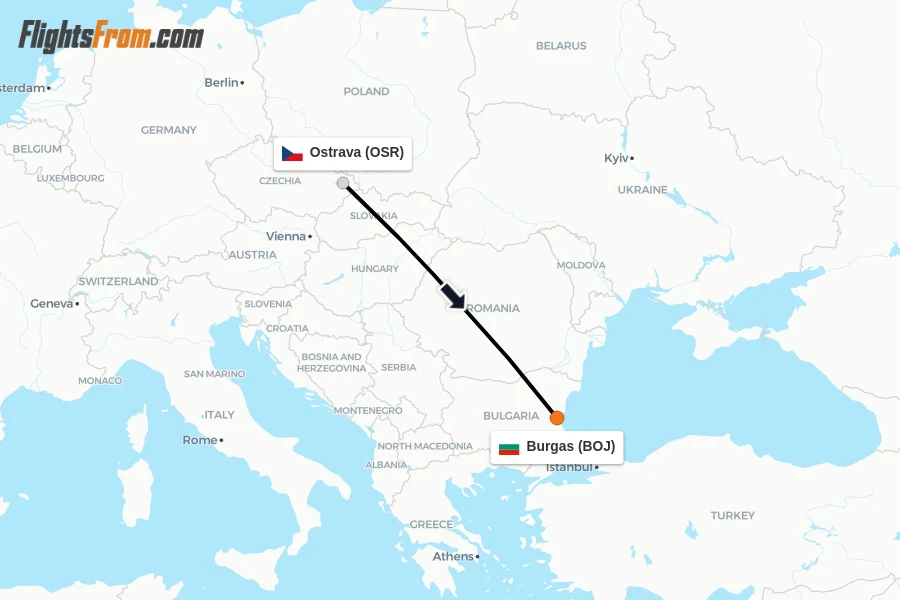 Flights from Ostrava to Burgas route map