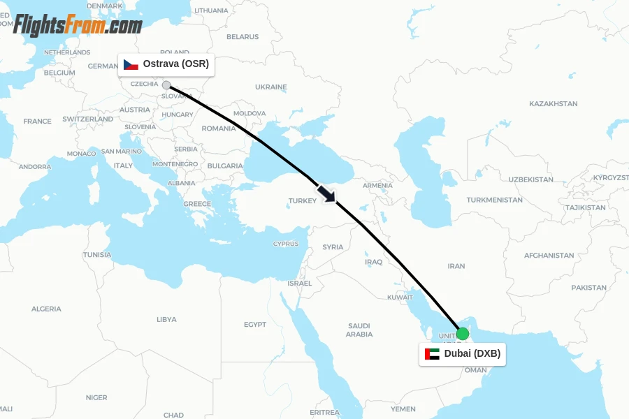 Flights from Ostrava to Dubai route map