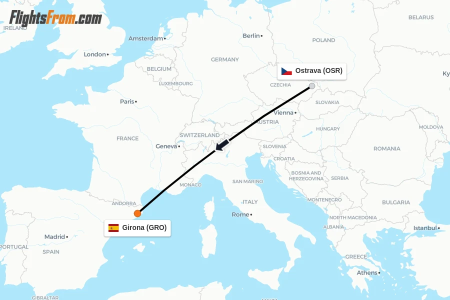 Flights from Ostrava to Girona route map