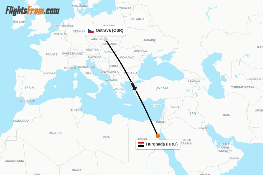 Flights from Ostrava to Hurghada route map