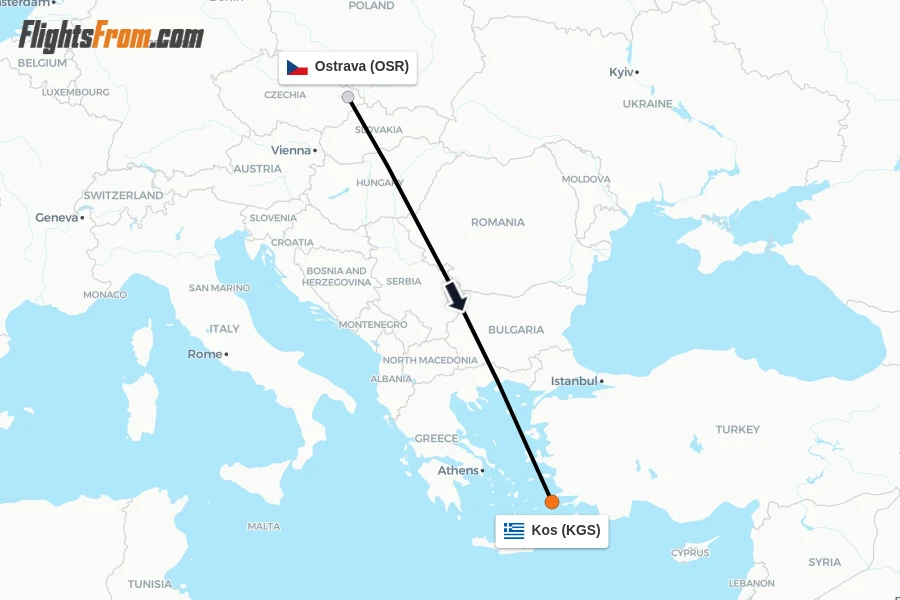 Flights from Ostrava to Kos route map