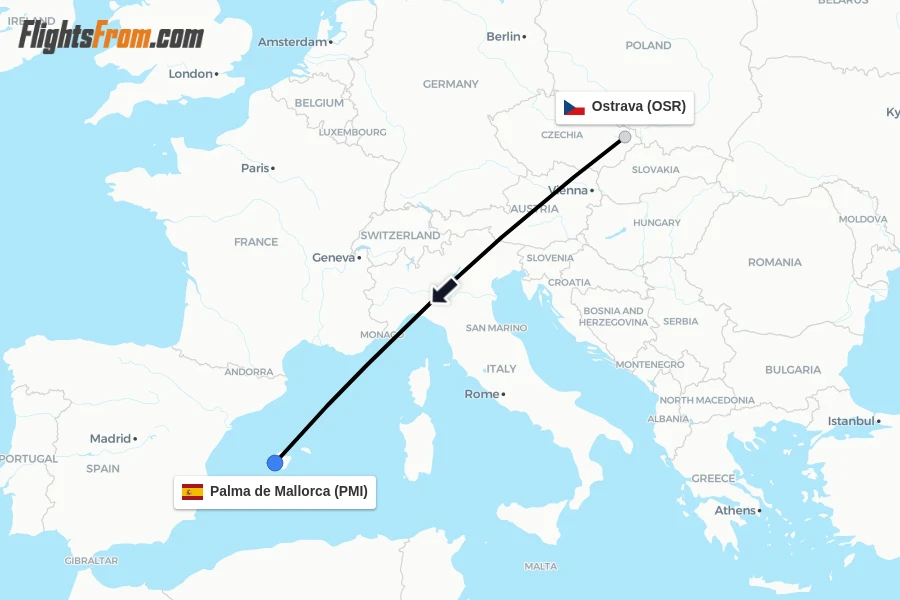 Flights from Ostrava to Palma de Mallorca route map