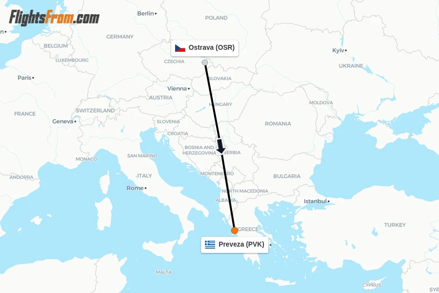 Flights from Ostrava to Preveza route map