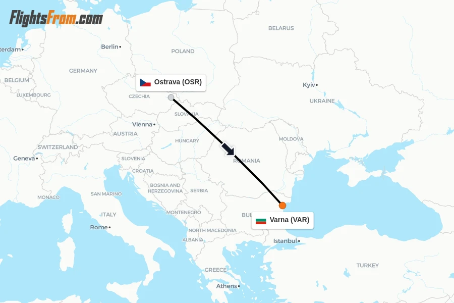 Flights from Ostrava to Varna route map