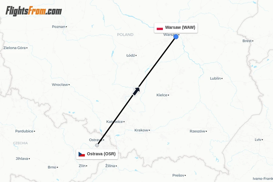 Flights from Ostrava to Warsaw route map