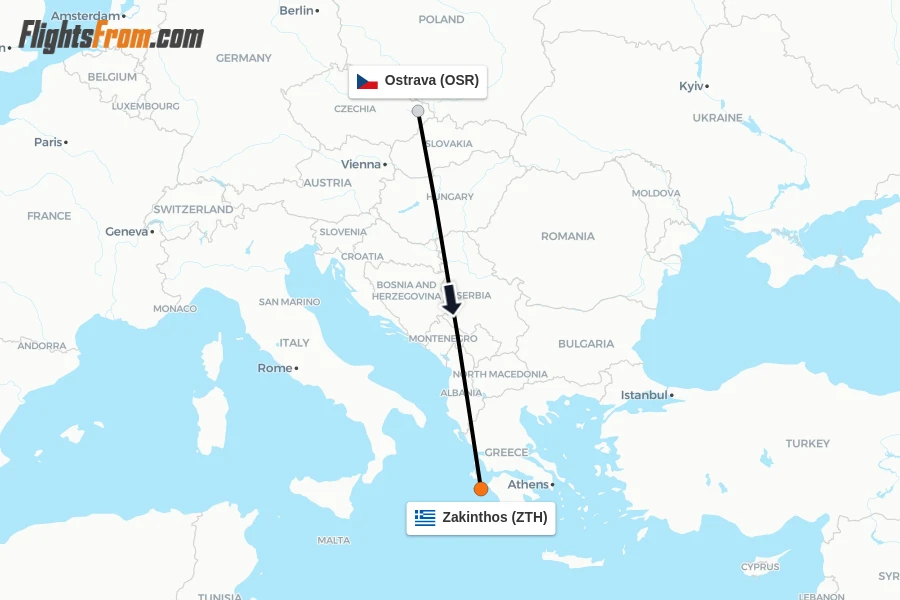 Flights from Ostrava to Zakinthos route map