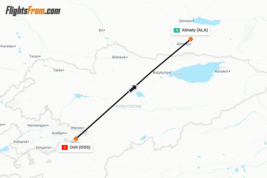 Flights from Osh to Almaty route map
