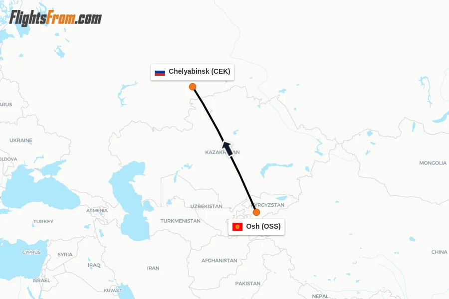 Flights from Osh to Chelyabinsk route map
