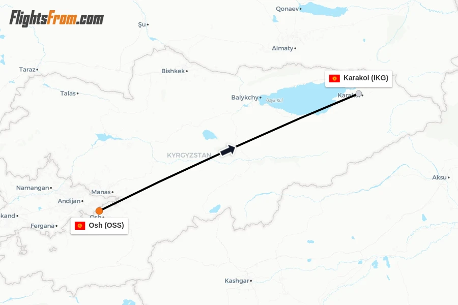 Flights from Osh to Karakol route map