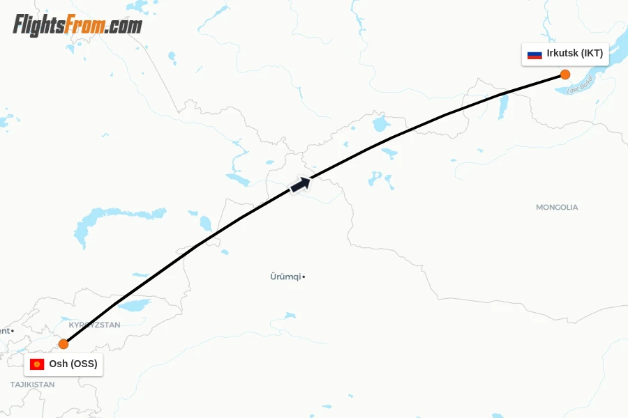 Flights from Osh to Irkutsk route map