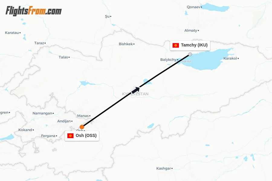 Flights from Osh to Tamchy route map