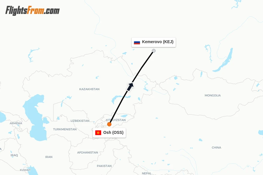 Flights from Osh to Kemerovo route map