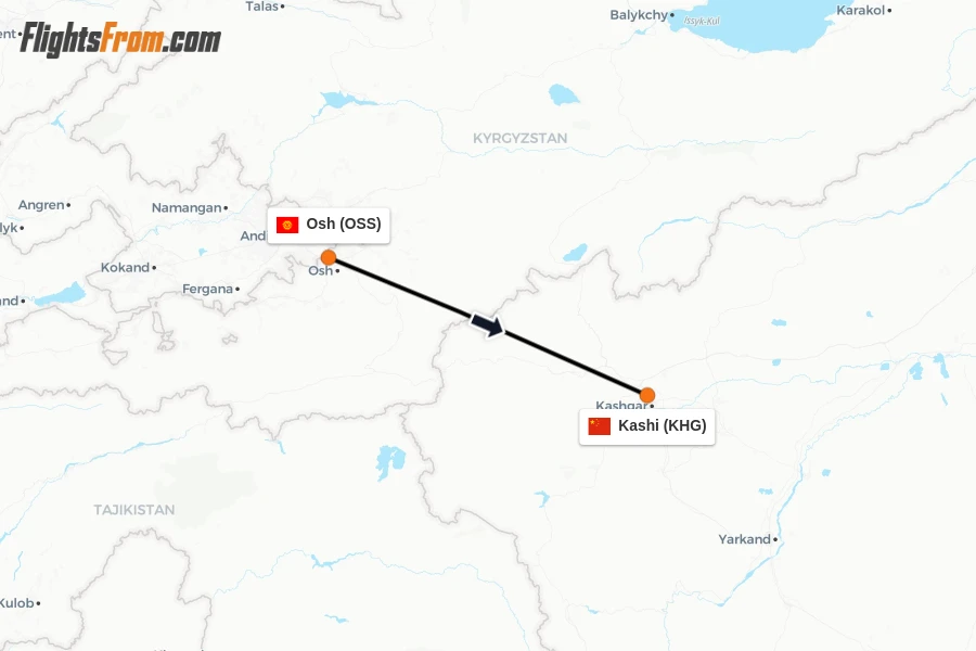 Flights from Osh to Kashi route map