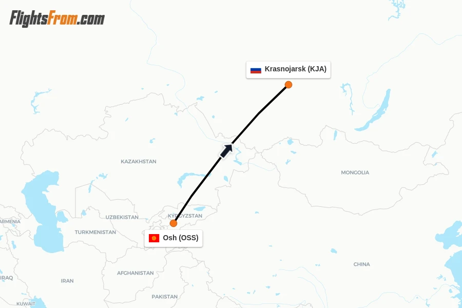 Flights from Osh to Krasnojarsk route map