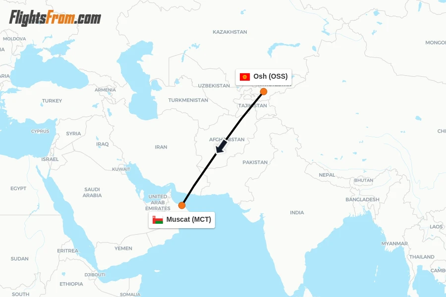 Flights from Osh to Muscat route map