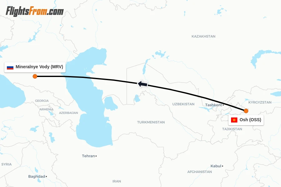 Flights from Osh to Mineralnye Vody route map