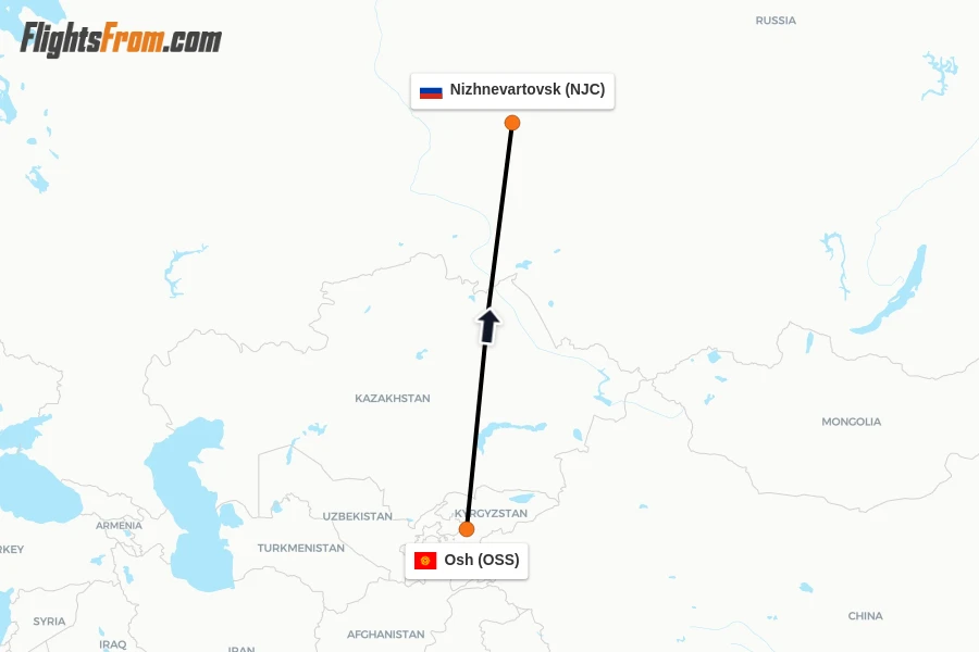 Flights from Osh to Nizhnevartovsk route map